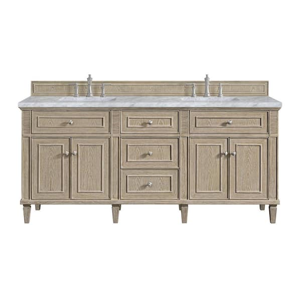 James Martin Vanities Lorelai 72.0 in. W x 23.5 in. D x 34.06 in. H Double Bathroom Vanity in Whitewashed Oak with Carrara White Marble Top