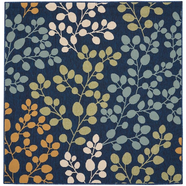 Nourison Caribbean Navy 5 ft. x 5 ft. Square Floral Contemporary Indoor
