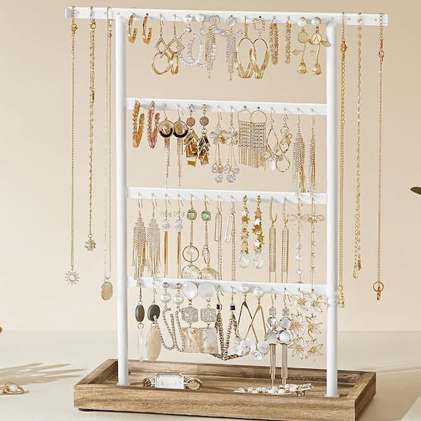 Jewelry Organizer, 4-Tier Earring Holder Organizer Stand with Base Tray, Wood Color and White, 9. 9in x 4. 8in SM8XBL464G