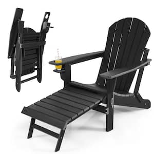 Classic Black All-Weather Folding HDPE Adirondack Chair With Pull-Out Ottoman