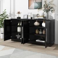 Black Wood 60 in. W Sideboard with Adjustable Shelves and Silver Handles, Large Storage Space Buffet Cabinet