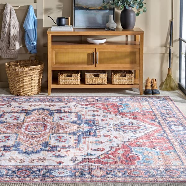 Martha Stewart Washable Rust/Blue 2 ft. x 2 ft. Machine Washable Floral Medallion Area Rug