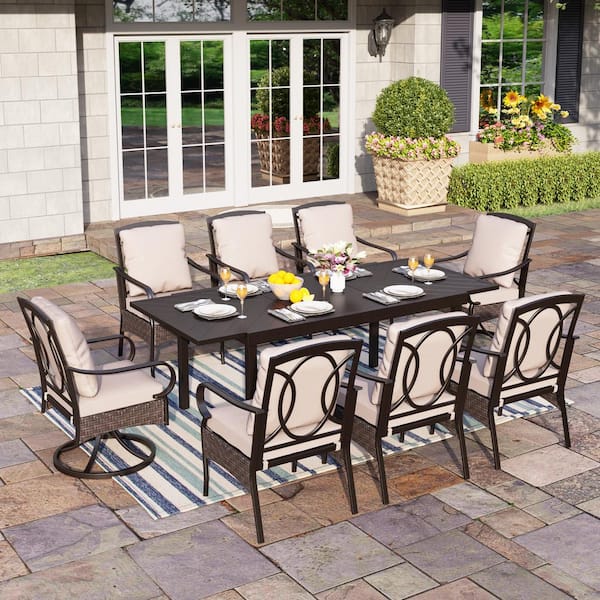PHI VILLA 9-Piece Metal Patio Outdoor Dining Set with Extendable Rectangle Table and Chairs with Beige Cushions