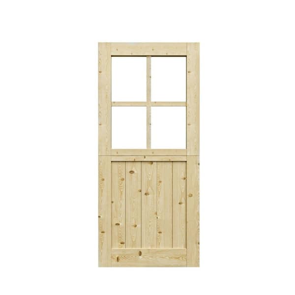 36 in. x 80 in. Solid Pine Universal 4-Lite Clear Glass and 2-Panel Unfinished Dutch Door Design Wood Front Door Slab