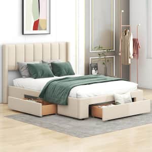 Beige Wood Frame Full Size Linen Upholstered Platform Bed with 3-Drawer