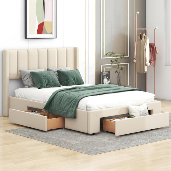 Harper & Bright Designs Beige Wood Frame Full Size Linen Upholstered Platform Bed with 3-Drawer