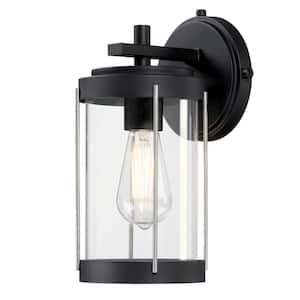 Kezia 1-Light Textured Black and Industrial Steel Finish Outdoor Wall Mount Lantern with Clear Glass