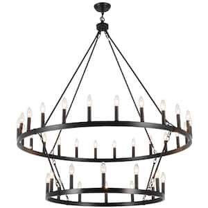 36-Light Farmhouse Antique Black Candle Design Wagon Wheel Chandelier 2-Tier Ceiling Light Fixture for Kitchen Island