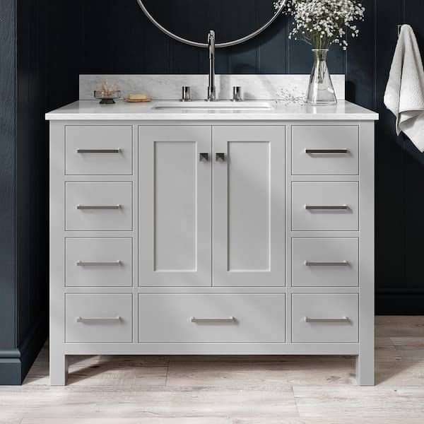ARIEL Cambridge 43 in. W x 22 in. D x 35.25 in. H Bath Vanity in Grey with Carrara White Marble Vanity Top with Basin