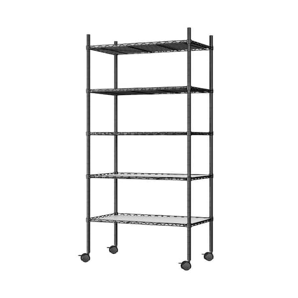 Tunearary 5-Shelf Storage Shelves Shed Shelving Units Wire Shelving with Wheels Adjustable Feet Black