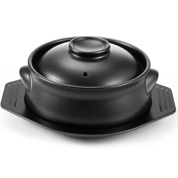 1 Piece Korean Stone Bowl Set Ceramic Sizzling Hot Pot with Lid and Tray for Stew, Rice, Gas Stove, Oven Safe