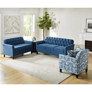 Eulalia 3-Piece 72.5 in. W in Rolled Arm Polyester Upholstered Transitional Nailhead Rectangle Sofa Set in Indigo