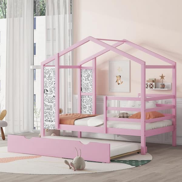 Harper & Bright Designs Pink Wood Frame Twin Size House Platform Bed with Blackboard, Twin Size Trundle, Fence Bedrails