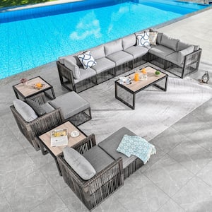 14-Piece Wicker Patio Conversation Sectional Seating Set with Gray Cushions