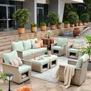 Aphrodite 7-Piece Wicker Outdoor Patio Conversation Seating Sofa Set with Light Green Cushions