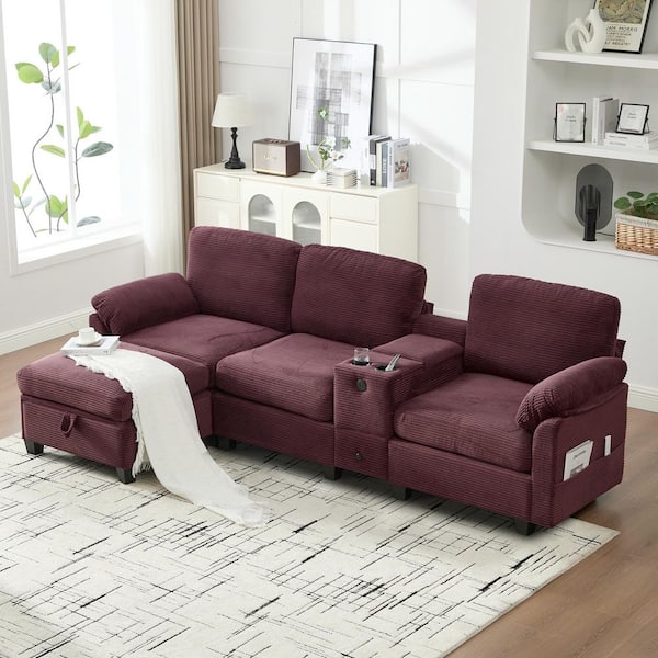 Gillian 104.72 in. Corduroy Rectangle Sectional Sofa in. Rose Red with Cup Holders, USB Ports, Storage Box, Ottoman
