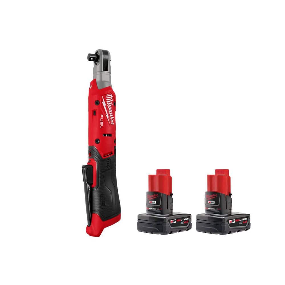 Milwaukee M12 FUEL 12V Lithium-Ion Compact 3/8 in. Cordless Ratchet, & 4. 0Ah (2-Pack) 3053-20-48-11-2442