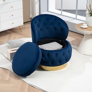 Contemporary Navy Blue Velvet Upholstered Wide Seat Cuddle Swivel Barrel Chair with Storage