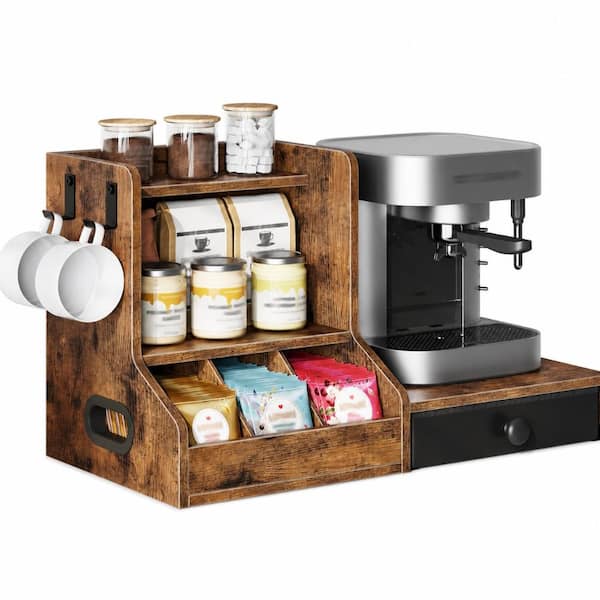 3-Tier Coffee Mug Tree and Cup Holder with 25 K-Cup Pod Drawer, 2 Hooks, and Countertop Display Stand in