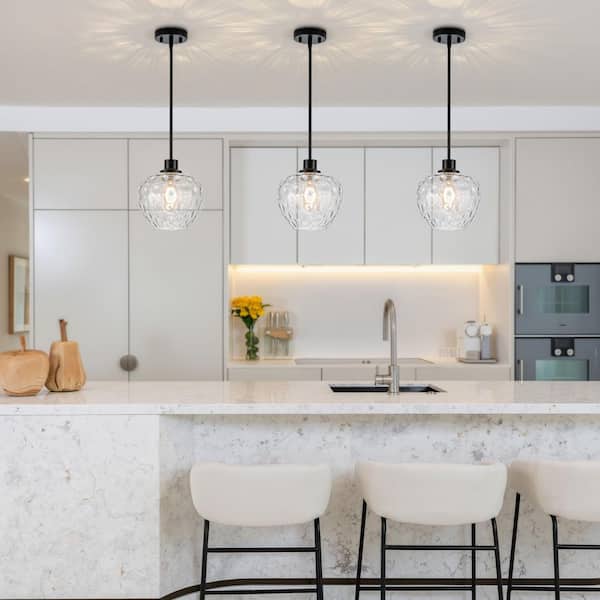 RayHome 1-Light Modern Black Pendant Light Apple-shaped Glass Shade with Water-patterned for Kitchen Bedroom