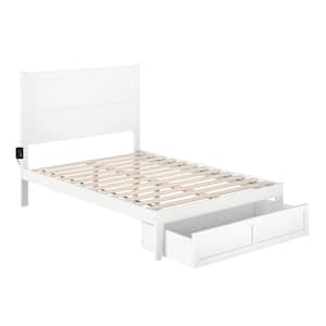 NoHo White Full Solid Wood Storage Platform Bed with Foot Drawer and Attachable USB Device Charger