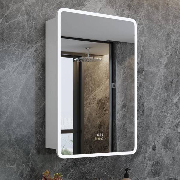 HBEZON Artemis 24 in. W x 36 in. H Small Rectangular Aluminum Rounded Edge Dimmable Medicine Cabinet with Mirror, Left Hinge