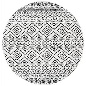 Tulum Ivory/Black Doormat 3 ft. x 3 ft. Round Geometric Diamonds Striped Area Rug