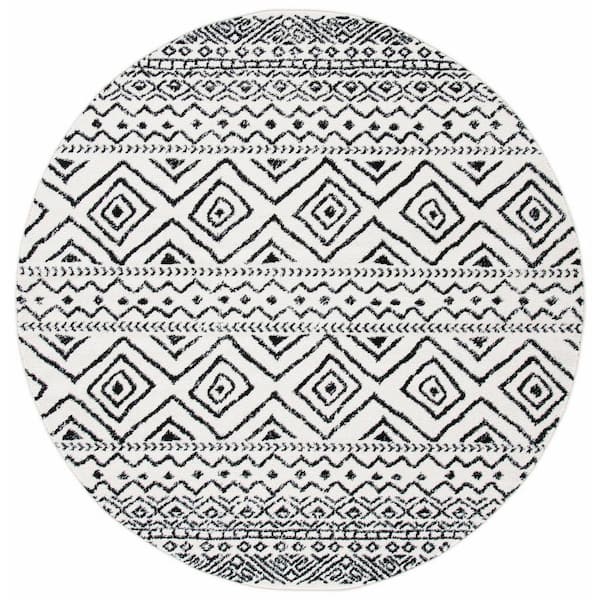 SAFAVIEH Tulum Ivory/Black Doormat 3 ft. x 3 ft. Round Geometric Diamonds Striped Area Rug