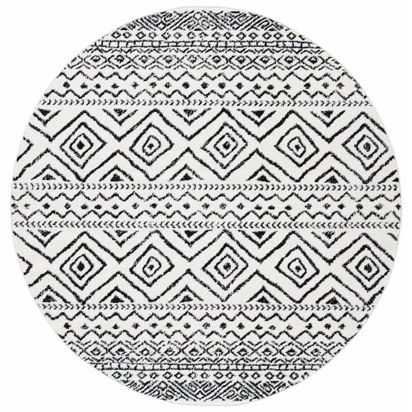 SAFAVIEH Tulum Ivory/Black 7 ft. x 7 ft. Round Geometric Diamonds Striped Area Rug