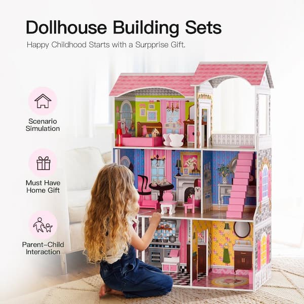Doll House Wooden Furniture Kit LED Plastic Toy Miniature Children Birthday  Gift