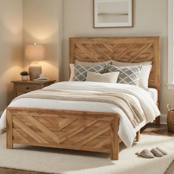 Benjara Adia Brown Wood Frame Queen Size Panel Bed with Chevron ...