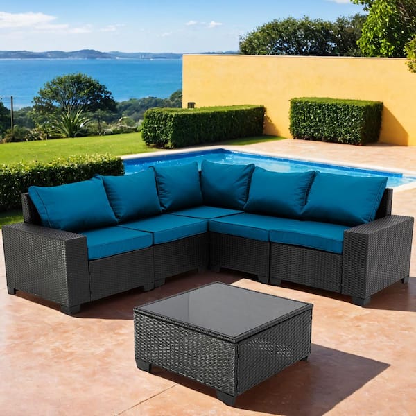 Unbranded 6-Pieces Black Wicker Outdoor Sectional Set with Peacock Blue Cushions and Coffee Table