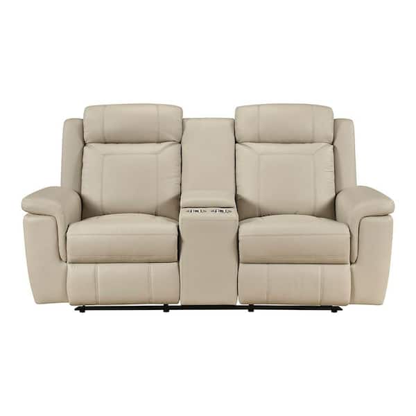 Zorven 75.5 in. Top Grain Leather Manual Double Reclining 2-Seater Loveseat with Center Console in Beige
