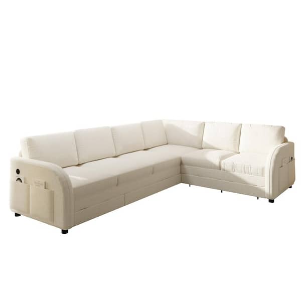 115.2 in. L-Shaped Sherpa Fleece Convertible Sleeper Sofa with Pull-Out Bed, USB Port & Side Pocket, Reversible Chaise