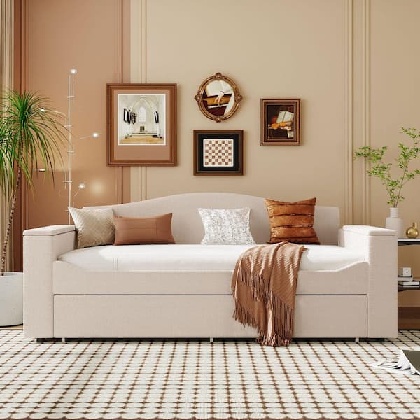Beige Twin Size Daybed with Storage Armrests, Trundle and Bluetooth Audio System, Teddy Fleece