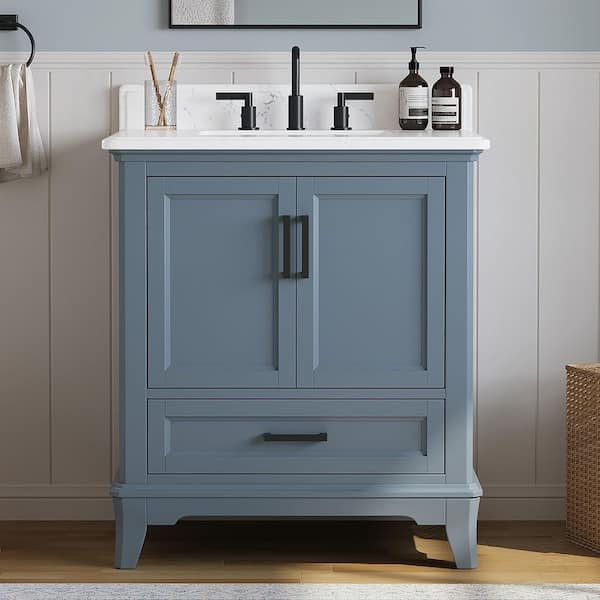 Rawsonville 37 in. Single Sink Freestanding Steel Blue Bath Vanity with White Quartz Top and Backsplash Assembled