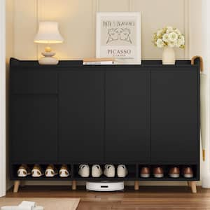 Black Sleek and Contemporary Shoe Storage Cabinet with Drawer, Adjustable Shelves and Solid Wood Legs