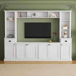 Modern White TV Stand Fits TV's up to 75 in. with Bridge, Adjustable Shelves