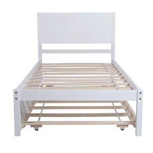 White Twin Size Wood Platform Bed Frame with Twin Trundle, Kids Platform Bed Frame with Pull-Out Trundle