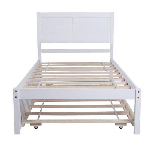 ANBAZAR White Twin Size Wood Platform Bed Frame with Twin Trundle, Kids Platform Bed Frame with Pull-Out Trundle
