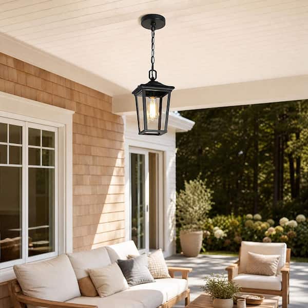12.5 in. Modern Black Outdoor Small Pendant 1-Light Coastal Clear Glass Hanging Lantern for Covered Gazebo Front Door
