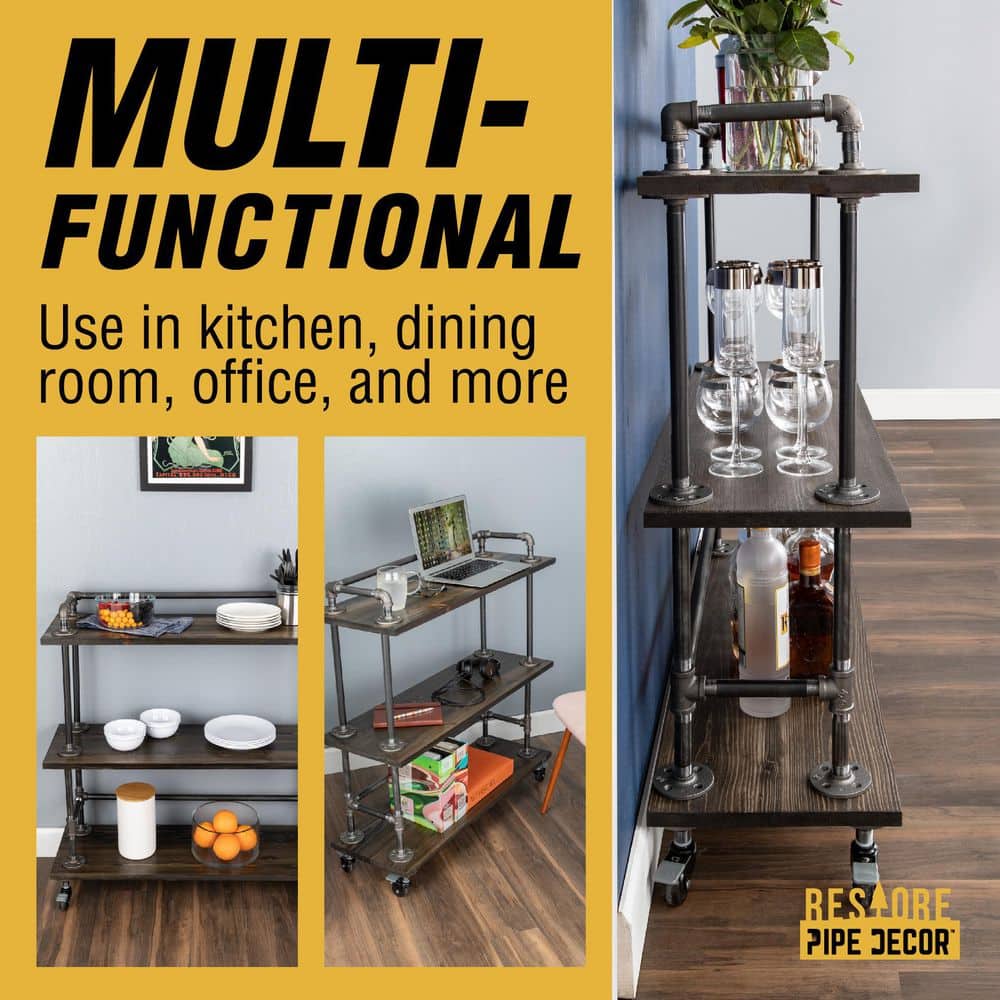 Industrial Black Wood and Steel 3-Tier Bar Cart with Wheels