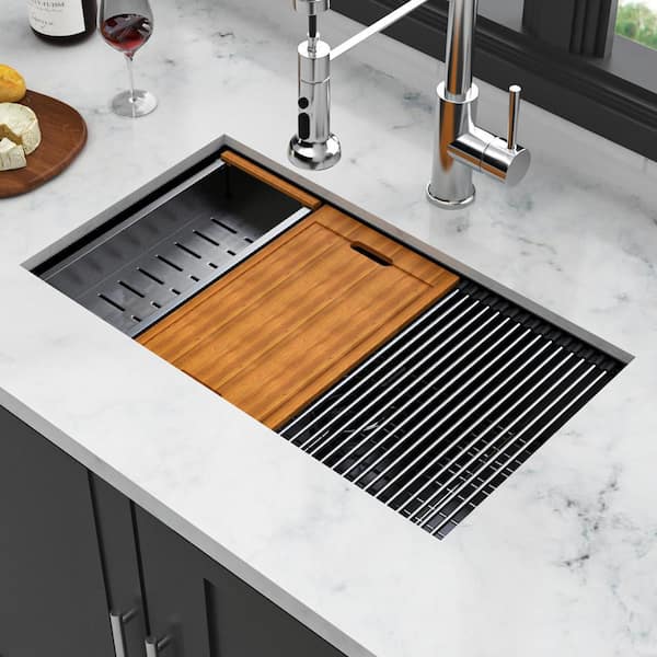 28 in. Undermount Single Bowl 16-Gauge Gunmetal Black Stainless Steel Kitchen Sink with Workstation