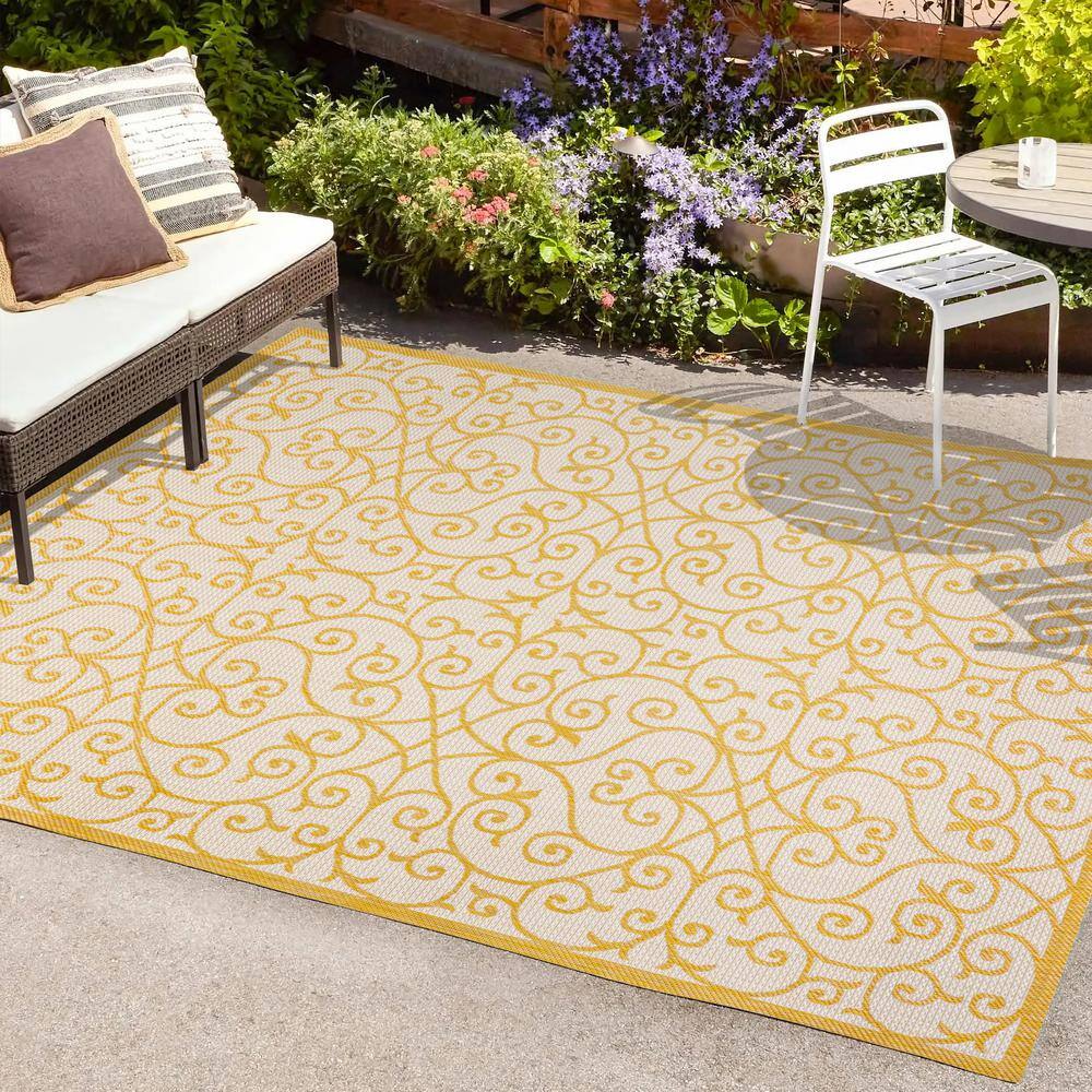 Cream and Yellow Filigree Flat Woven Reversible Rug 8' x 10'