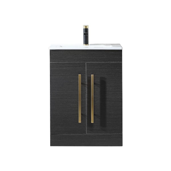 VC CUCINE 24 in. W x 16 in. D x 32 in. H Freestanding Bathroom Vanities in Black Wood Grain with White Creamic Sink Top
