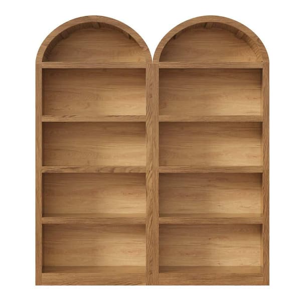 70 in. Tall Set of 2 Display Bookcase Brown MDF 5-Tier Bookcase, Open Storage Cabinet with Fabric Arched Top