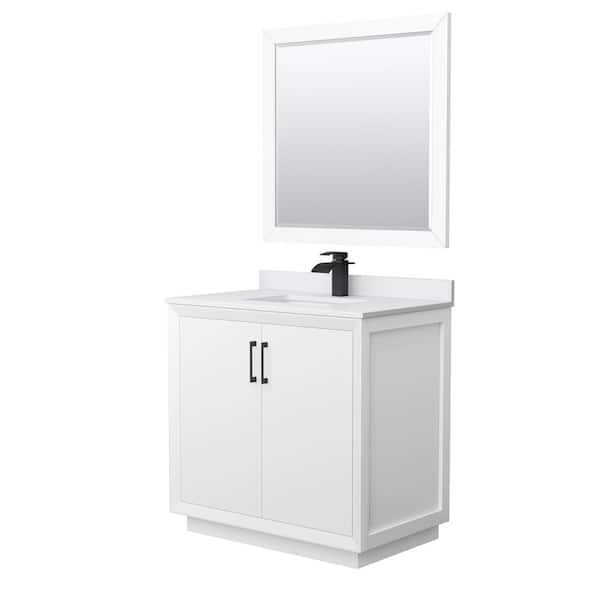 Wyndham Collection Strada 36 in. W x 22 in. D x 35 in. H Single Bath Vanity in White with White Cultured Marble Top and 34" Mirror