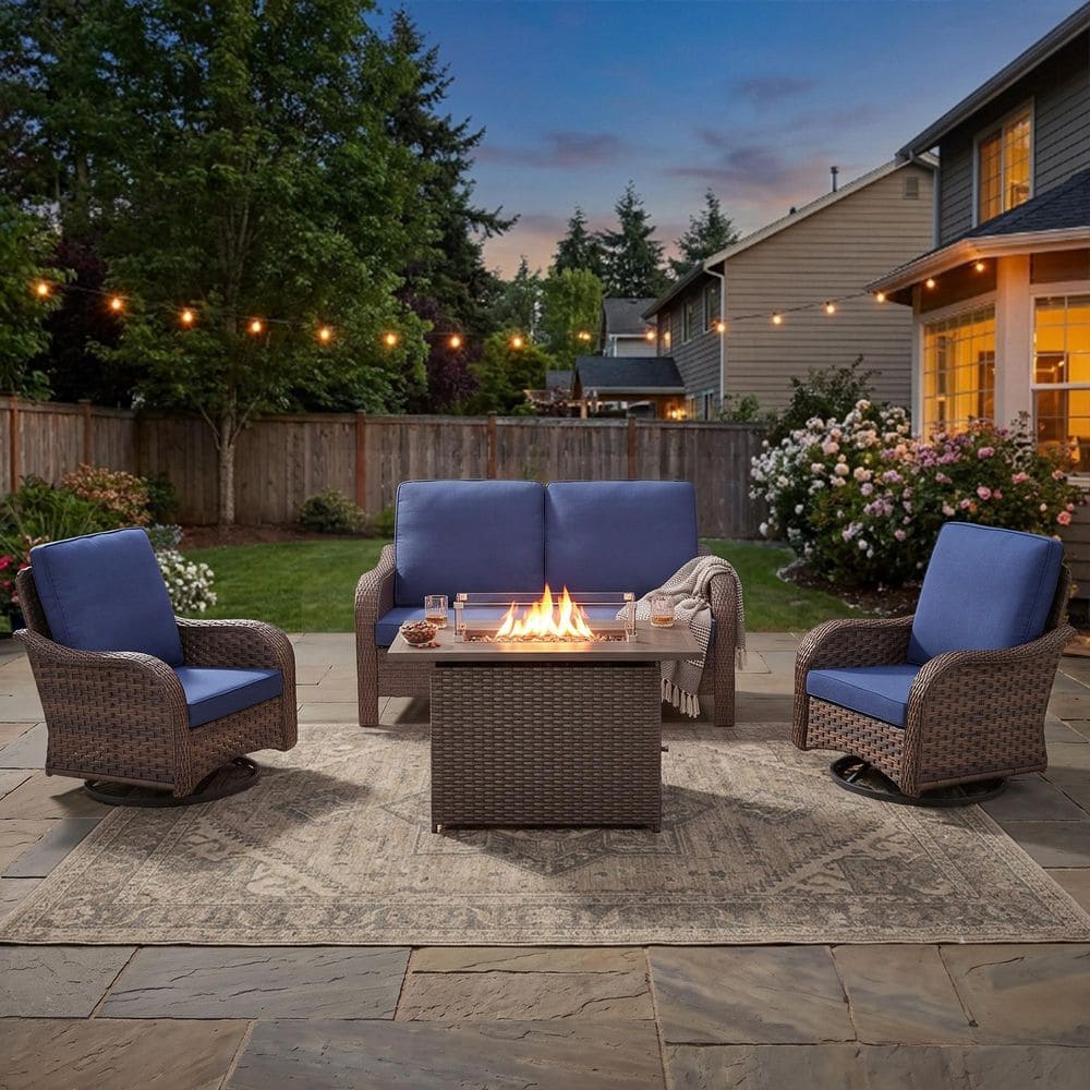 RoundEase 4-Piece Brown Wicker Fire Pit Conversation Set with Olefin Bule Cushions and Curved Arm Swivel Glider Chairs price history on PriceWatchPro