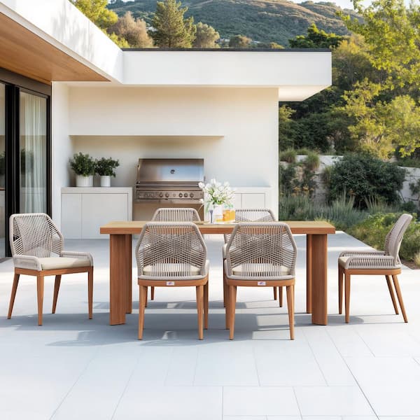 PURPLE LEAF 7-Piece Aluminum Outdoor Dining Set Teak Patio Furniture Set Wicker Table and Chairs with Cushions