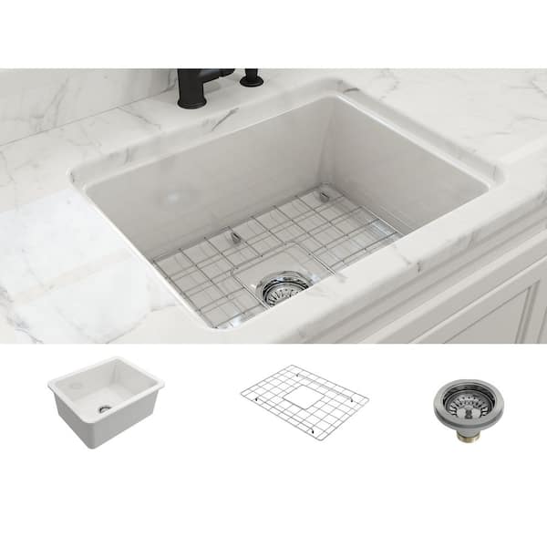 BOCCHI Sotto White Fireclay 24 in. Single Bowl Undermount/Drop-In Kitchen Sink w/Protective Bottom Grid and Strainer